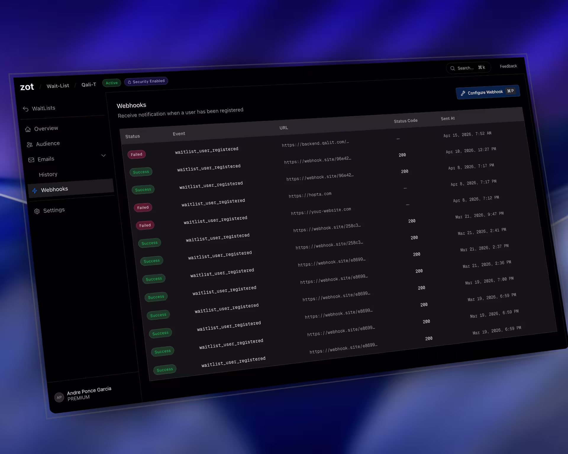 Webhook dashboard preview